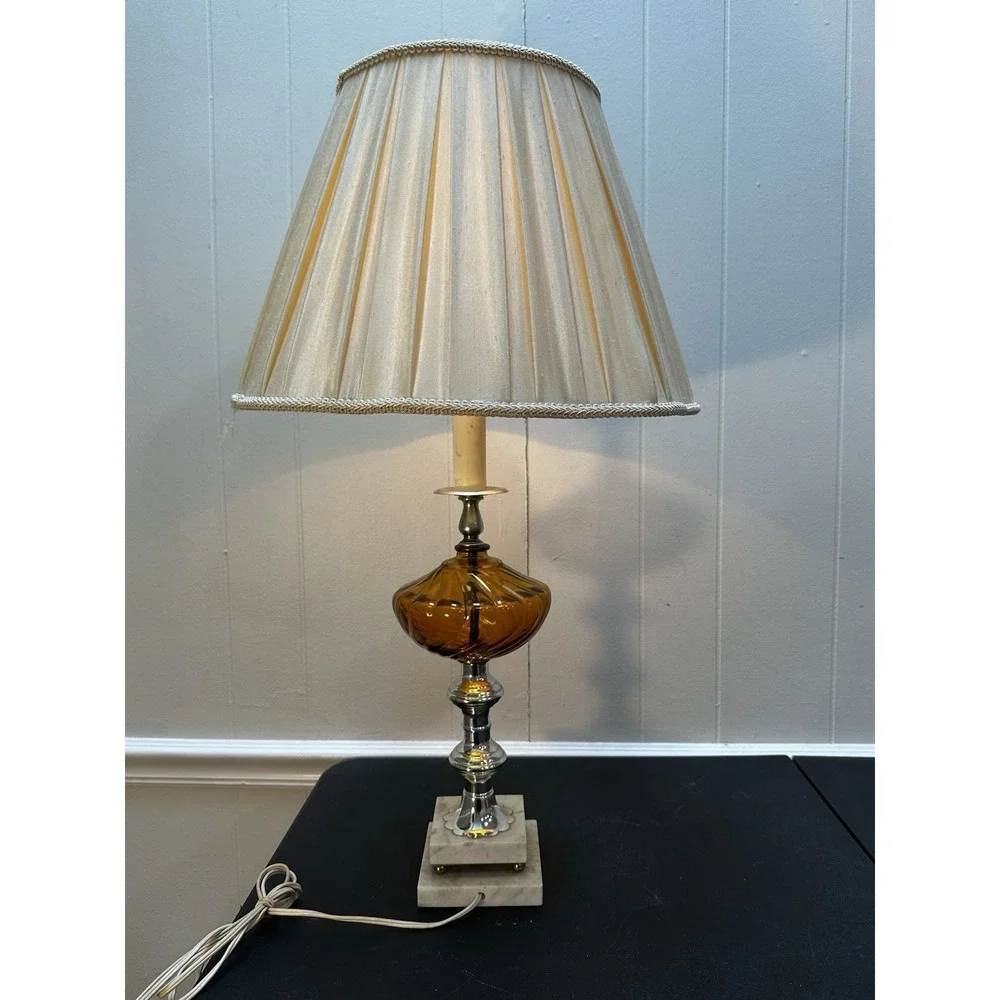 Vintage‎ Amber Glass Table Lamp Marble Base Chrome Metal Pleated Shade 29